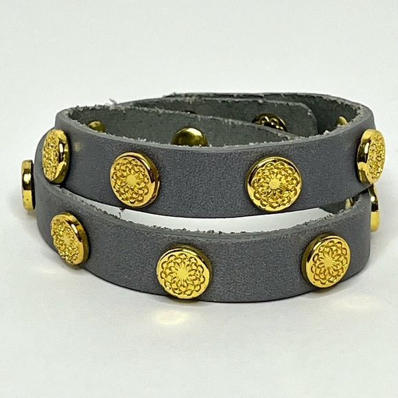 South Hill Designs Studded Leather Double Wrap Bracelet Gold Tone Gray - Picture 1 of 2